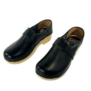 Sven Swedish Clogs Black Leather Wood Sole Slip On Size 45 US 12 Men Minimalist